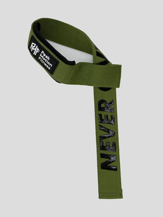 Zughilfen - Lifting Straps "NEVER GIVE UP" GRÜN