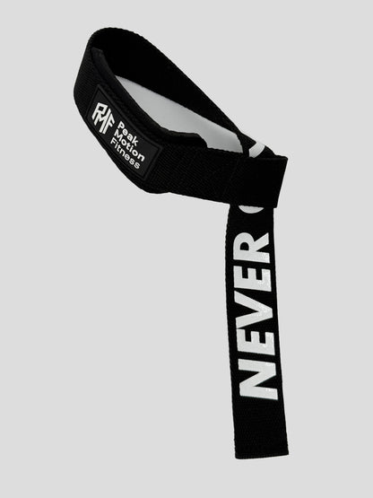 Zughilfen - Lifting Straps  "NEVER GIVE UP"  SCHWARZ