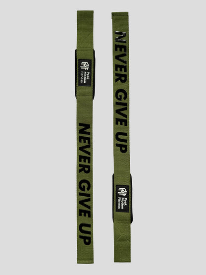 Pulling aids - lifting straps "NEVER GIVE UP" GREEN